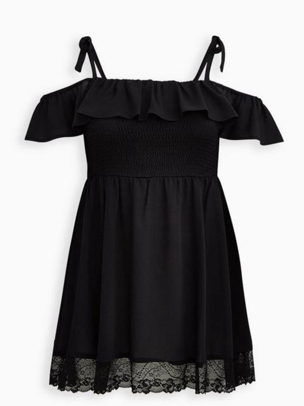 Torrid black smocked cold shoulder mini ruffle lace trim coverup dress - Picture 4 of 11